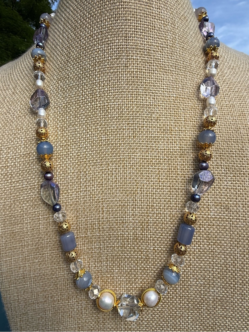 Handmade Blue Lace Agate and Fresh Water Pearl Necklace